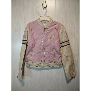 Wilsons Leather Maxima Genuine Leather Pink Ivory Distressed Moto Jacket